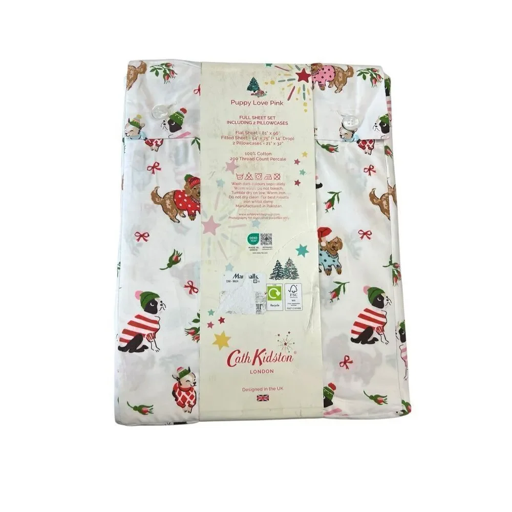 Cath kidston London 4pc FULL Cotton Christmas Puppy Love Pink Sheet Set new